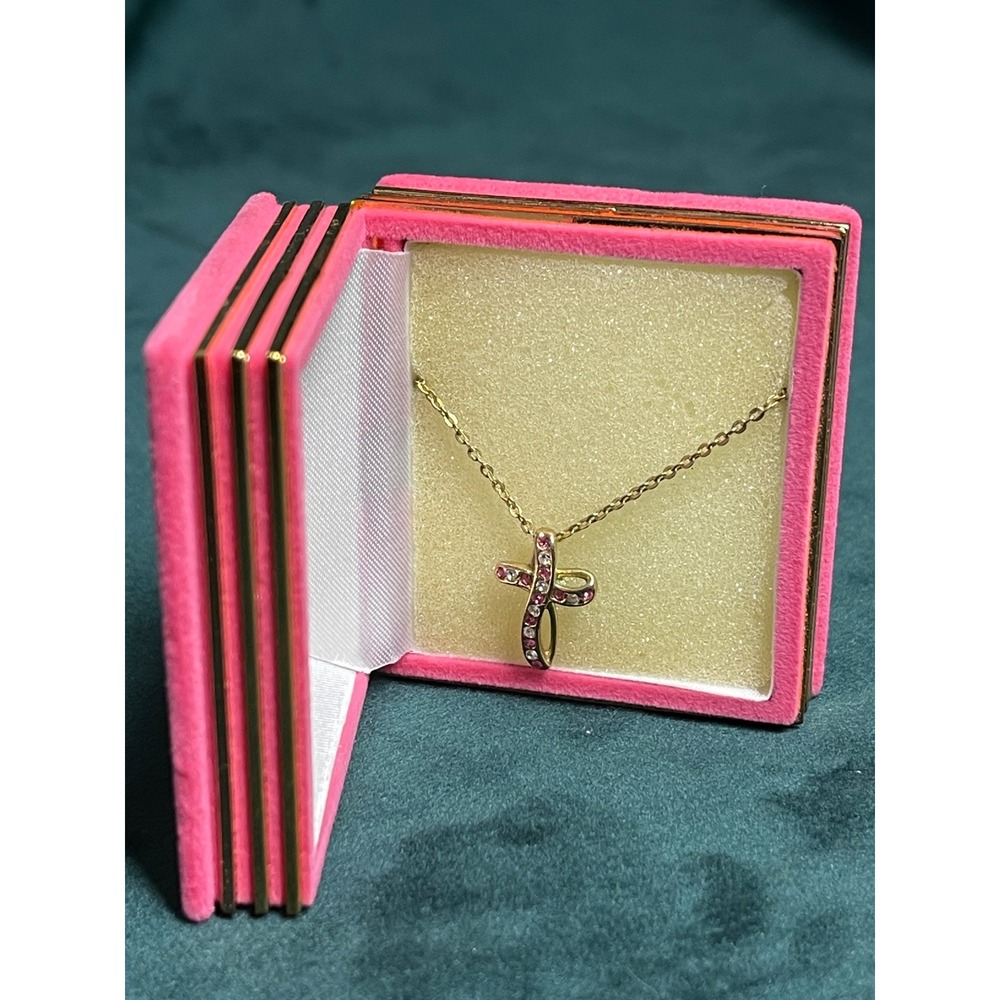 Vintage October Birthstone Cross Necklace 18k Gold Layered Rose Zircon Crystal